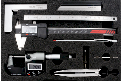 Sada měřicích nástrojů HITEC 7 kusů - posuvné měřítko, mikrometr, úhelník, pravítko, kružítko, měřítko, rýsovač (201-26)