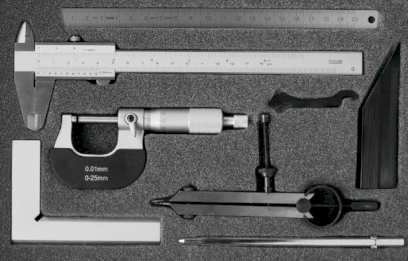 Sada měřicích nástrojů HITEC 7 kusů - posuvné měřítko, mikrometr, úhelník, pravítko, kružítko, měřítko, rýsovač (200-26)