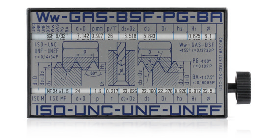 Indikátor závitu podle ISO ukazuje označení závitů, rozsah  a všechny související velikosti (495-20)
