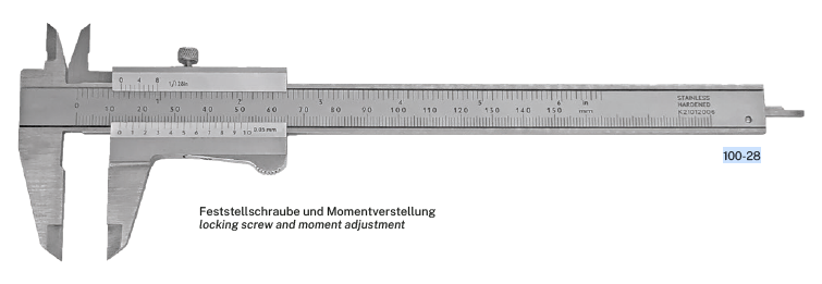 Posuvné měřítko HITEC »TWIN« s dvojitým vedením 150/0,05 mm/inch s nastavením momentu a pojistným šroubem (100-28)