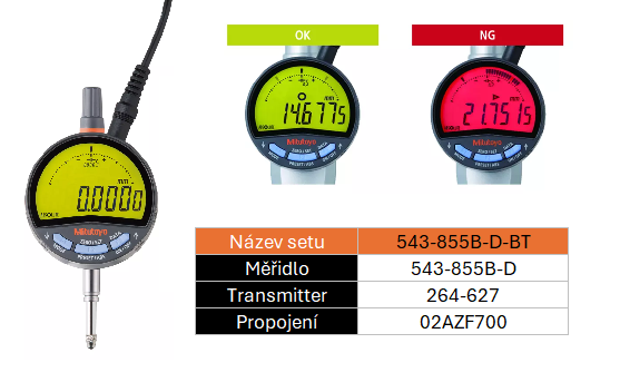 SET BT Digitální úchylkoměr ID-F 12,7/0,0005mm IP30, funkce TOL barevné, TIR, rozhraní S1 MITUTOYO (543-855B-D-BT)