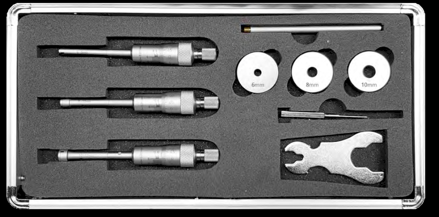 Sada 3-bodových dutinoměrů 6-12/0,001 mm včetně nastavovacích kroužků a prodloužení (HT-244-20)